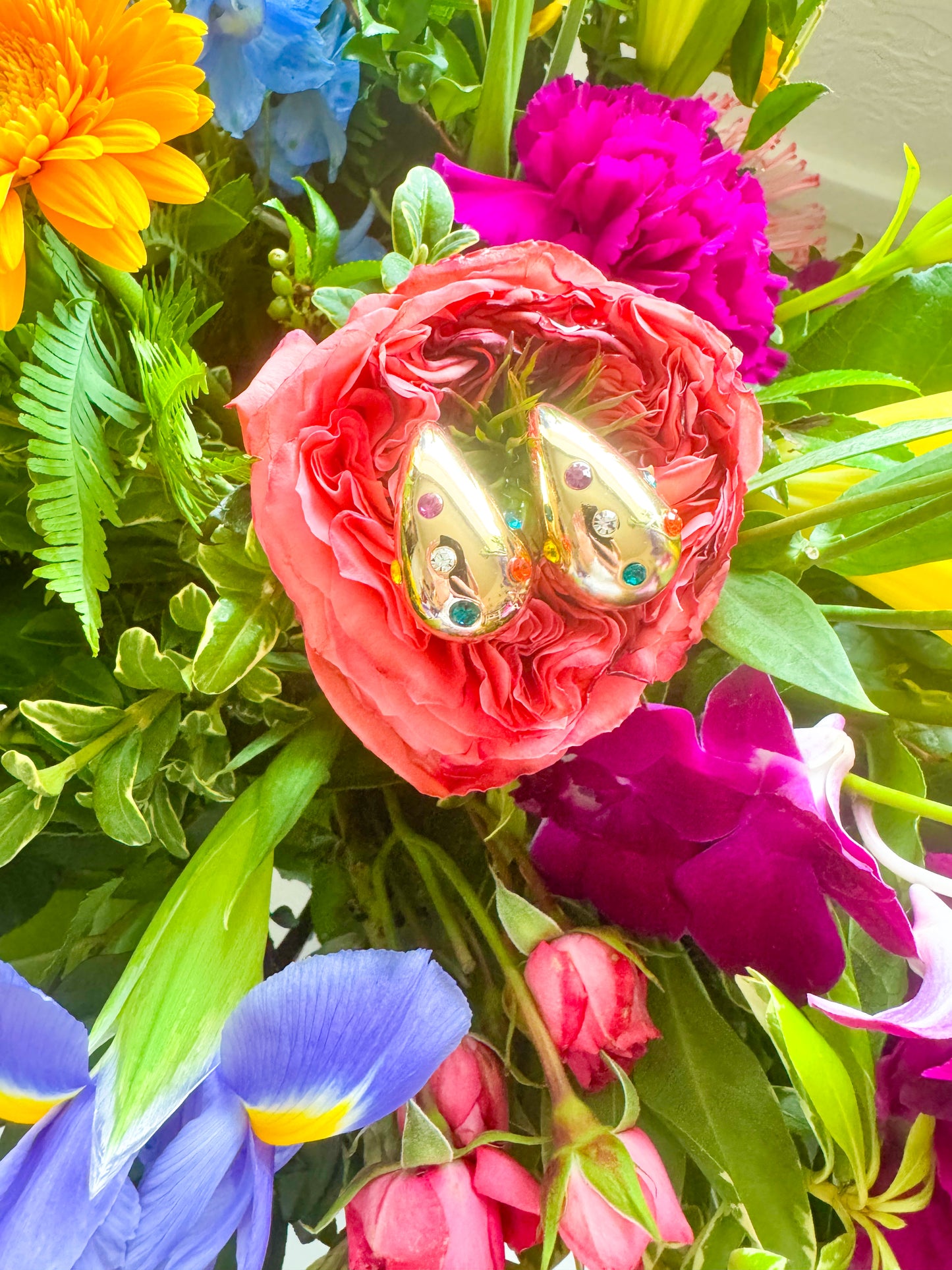 Multicolor Bejeweled Gold Teardrop Earrings