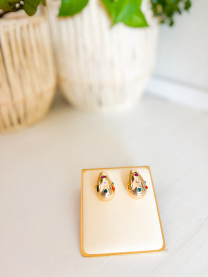 Multicolor Bejeweled Gold Teardrop Earrings