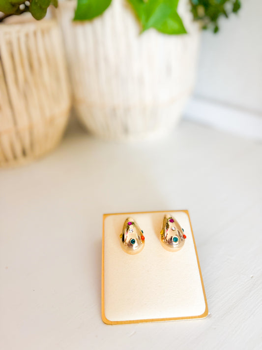 Multicolor Bejeweled Gold Teardrop Earrings
