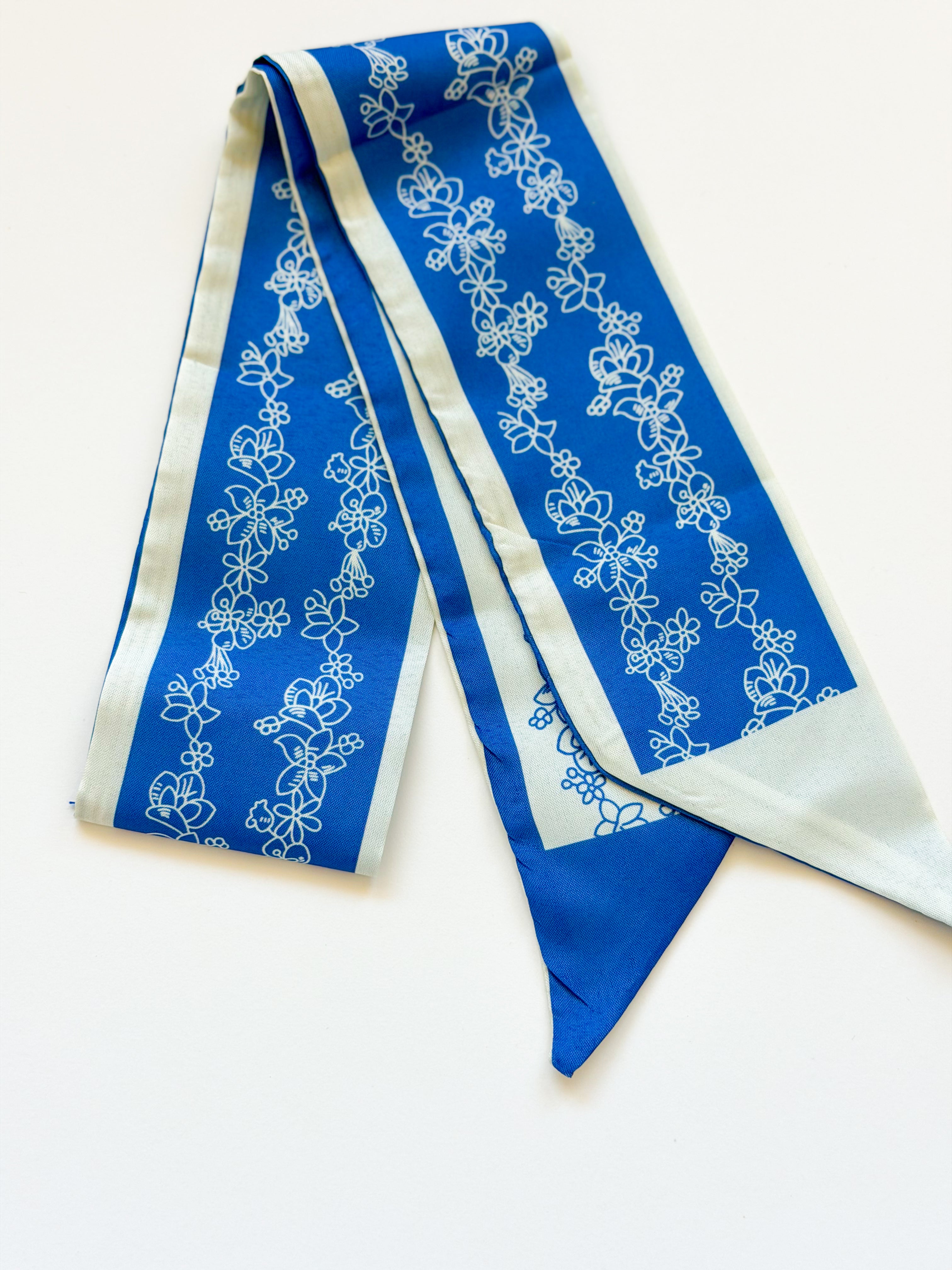 Blue Floral Satin Twilly Scarf